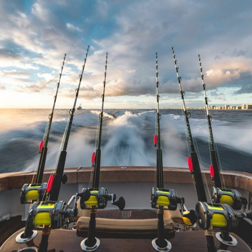 Fishing rod with line placed in boat